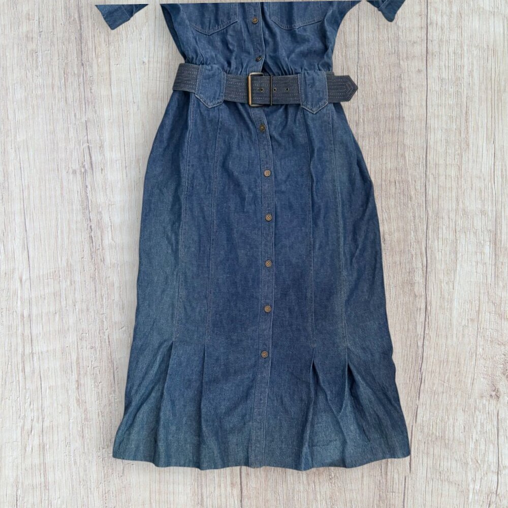 Vintage Kasper Denim Shirt Dress Belted Midi Teacher Minimalist 90s Womens 6 - Picture 3 of 4